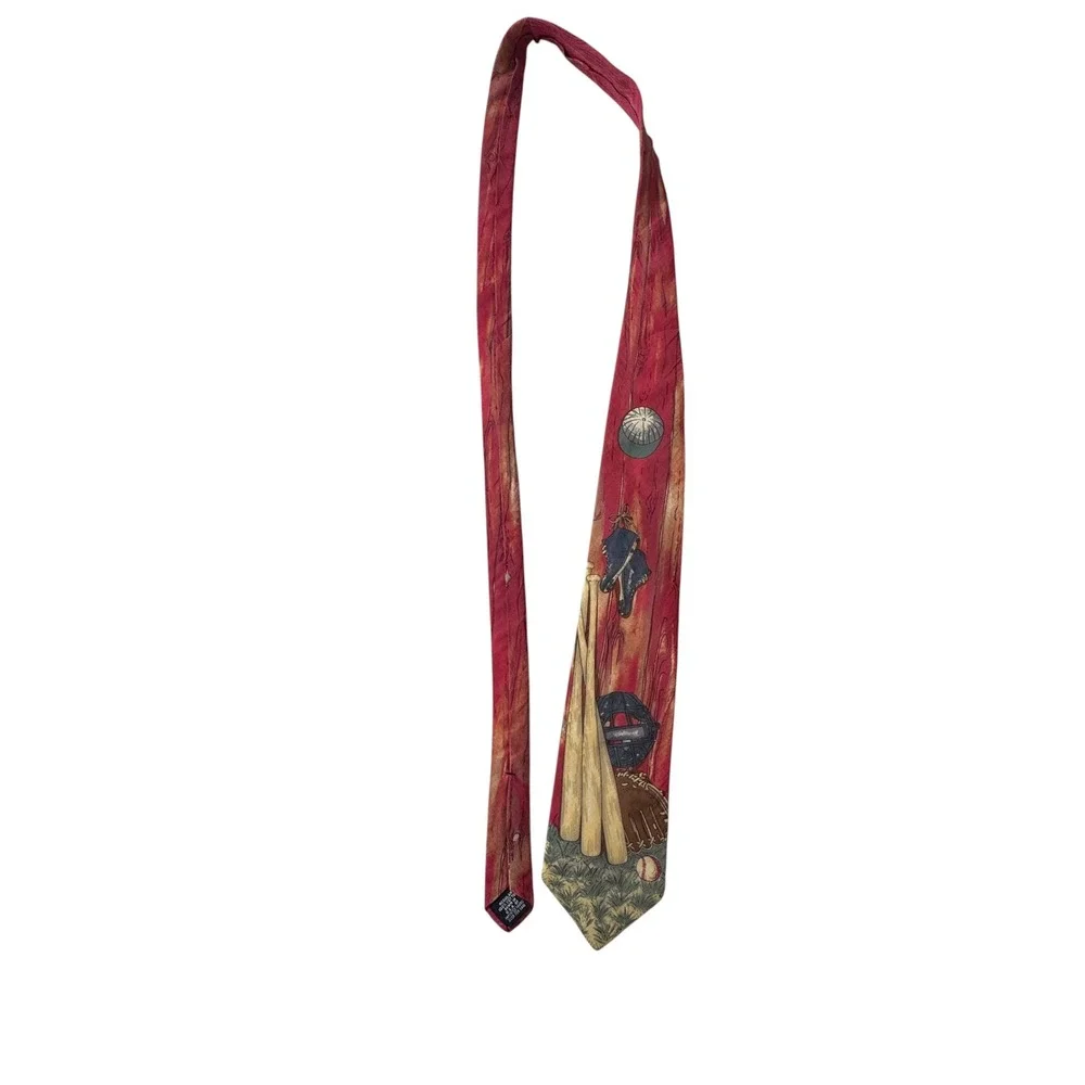 Lands End Mens Vintage Baseball Dugout Graphic Cotton Necktie Red Orange USA